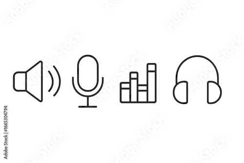 Sound icons representing audio elements including volume, microphone, waveform, and headphones in a minimalist design