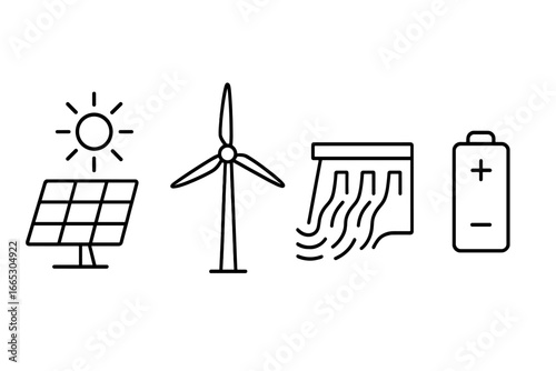 Energy source icons representing solar, wind, water, and battery storage in renewable energy systems for sustainable living