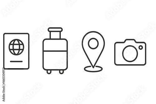 Travel essentials include a passport, suitcase, location pin, and camera for documenting adventures