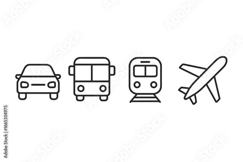 Various modes of transportation including car, bus, train, and airplane depicted in a simple line art style