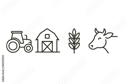 Iconic symbols of farming including tractor, barn, wheat, and cow in minimalist design showcasing rural life