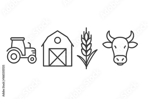 Farming essentials showcase tractor, barn, wheat, and cow in minimalist design for agriculture appreciation