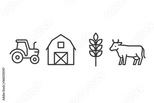 Farming essentials illustrated with tractor, barn, wheat, and cow in a simple line art style