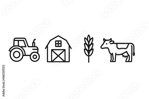 Rural life illustrated with a tractor, barn, wheat, and cow depicting farming activities and agricultural scenery