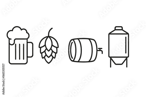 Brewing process elements featuring beer, hops, barrel, and fermentation tank in minimalistic design