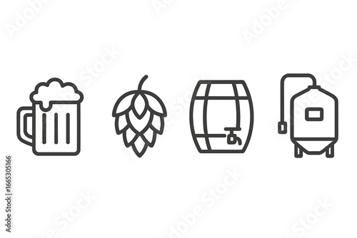Celebration of brewing with a beer mug, hops, barrel, and fermentation tank displayed together