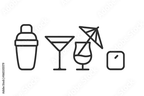 Cocktail making essentials with shaker, glasses, and decorative items on a simple background