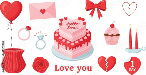 A sweet collection of romantic symbols for Valentine's Day, including a heart cake, balloons, and rings.