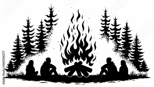 Silhouetted figures around a campfire surrounded by pine trees creating a monochrome outdoor scene design |  editable eps vectors