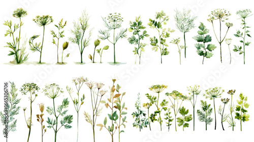 Watercolor botanical herbs and meadow stems—delicate foliage, umbels, grasses, and sprigs. Minimal floral clipart for invitations, patterns, packaging, and natural design.