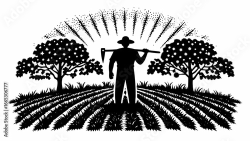 Silhouette of farmer with hoe in field between trees under radiating light in black and white landscape |  editable eps vectors