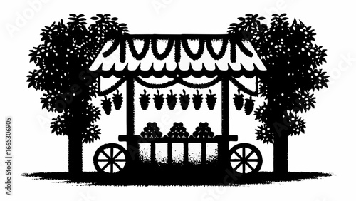 Silhouette of a fruit stand with hanging decorations and trees on either side in black and white style |  editable eps vectors