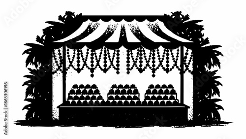 Illustration of a black and white market stall with fruit and decorative plants around it, a silhouette style |  editable eps vectors