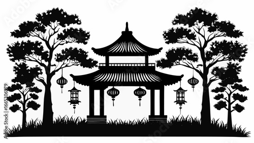 Silhouette of a chinese pagoda with hanging lanterns surrounded by trees in a monochrome landscape scene |  editable eps vectors