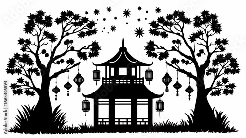 Silhouette of a chinese pagoda with hanging lanterns under starry sky between two trees in black and white |  editable eps vectors
