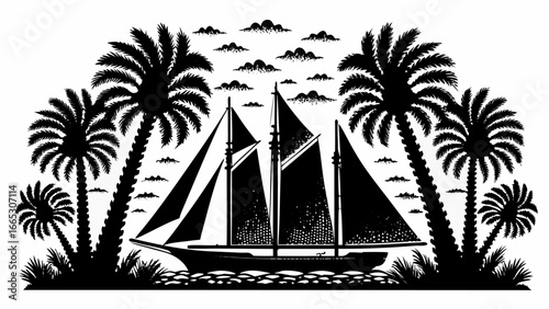 Silhouette of a sailing ship at sea surrounded by palm trees and small clouds in the sky in black and white |  editable eps vectors
