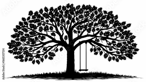 Silhouette of a large tree with leaves and a swing hanging from a branch in a monochrome image |  editable eps vectors