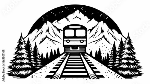 A train travels through a mountain landscape under a starry night sky in a black and white illustration |  editable eps vectors silhouette