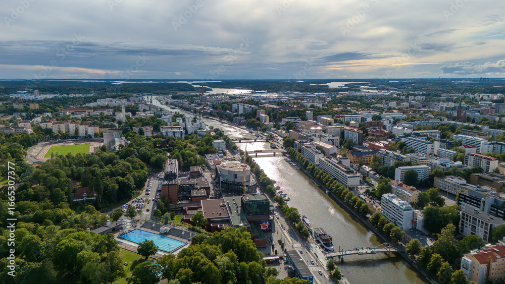 Fototapeta premium Summer Panorama of Turku with Aurajoki River, Finland