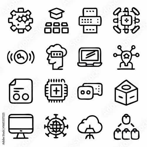 Outline technology icons set featuring robotics and automation