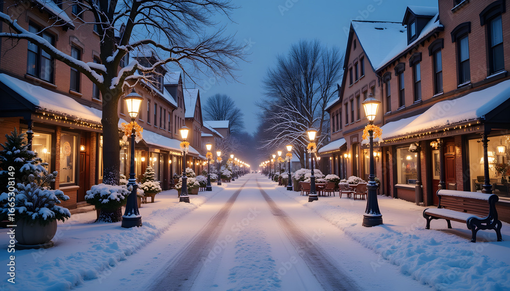 Obraz premium Cozy winter street adorned with holiday lights and snowfall, seasonal charm