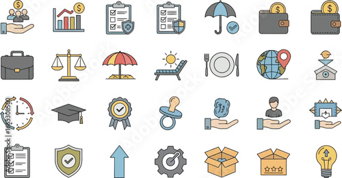 Collection of icons representing diverse services and concepts for business and life planning