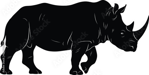 Rhinoceros silhouette, rhino vector illustration, black silhouette of rhino, African wildlife icon, nature animal graphic, white background, bold contrast