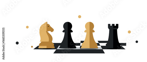 Stylized chess pieces on a minimalistic board, showcasing a knight, pawns, and a rook in black and gold colors