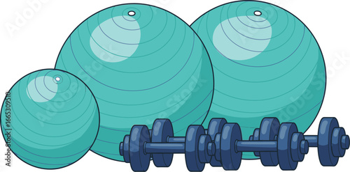 Turquoise exercise balls and blue dumbbells arranged for a fitness workout