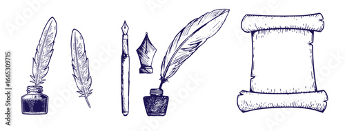 An ancient manuscript, a scroll, a sealed inkwell and a pen. Vector black and white graphics. Hand-drawn illustration on a white background. Design element for postcards