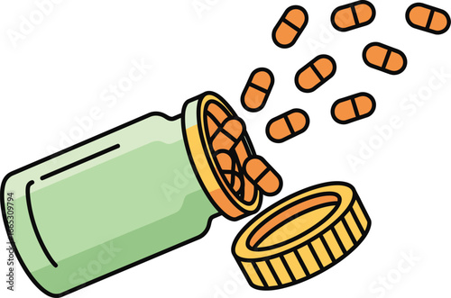 Orange capsules spilling from a light green medicine bottle with its cap open