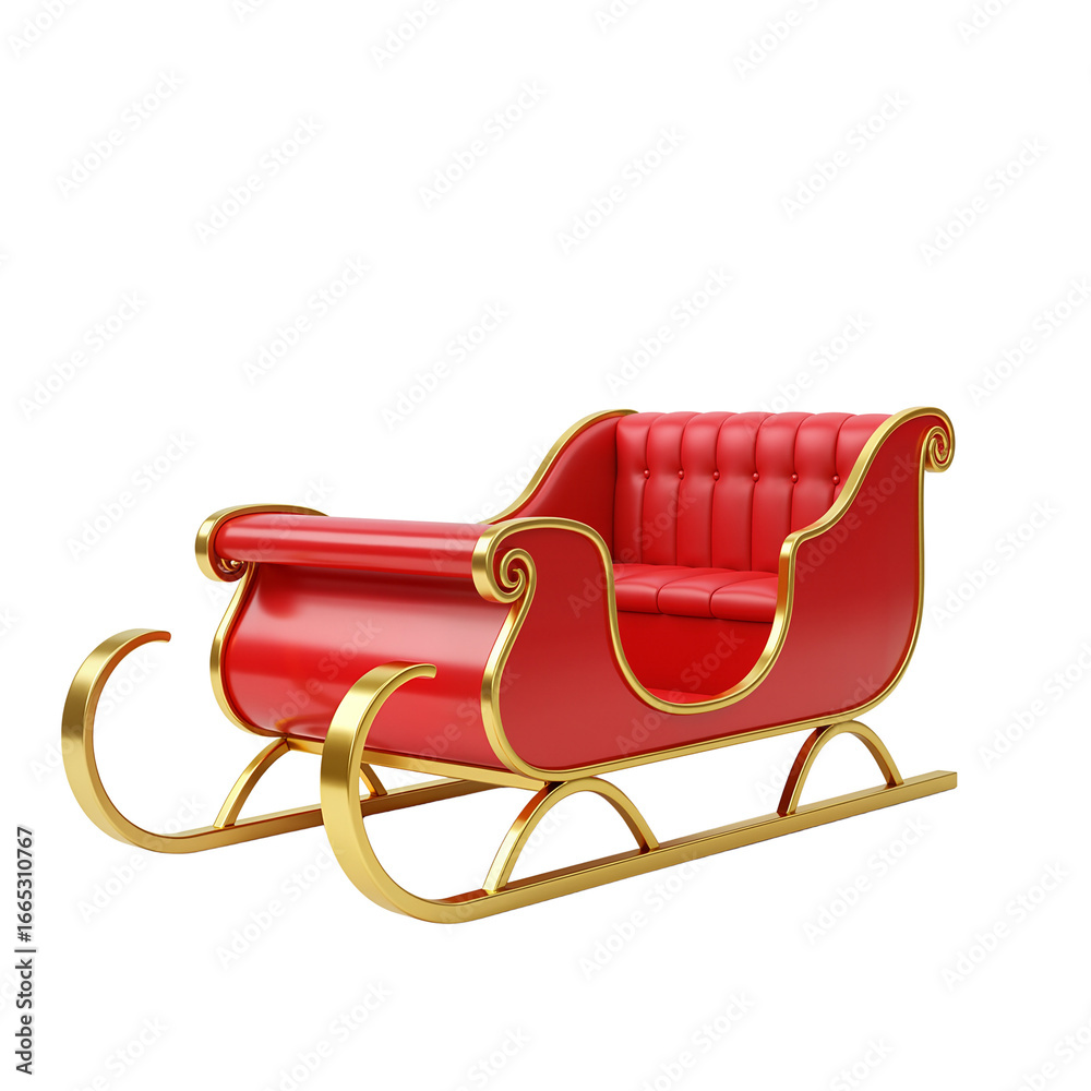 Fototapeta premium A red and gold 3D Santa Claus sleigh for holiday decorations, winter wonderland scenes, and festive graphics for Christmas. Transparent Background, Cutout