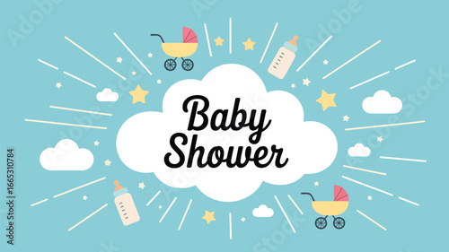 A baby shower announcement with strollers, bottles, stars, clouds and light blue background design theme