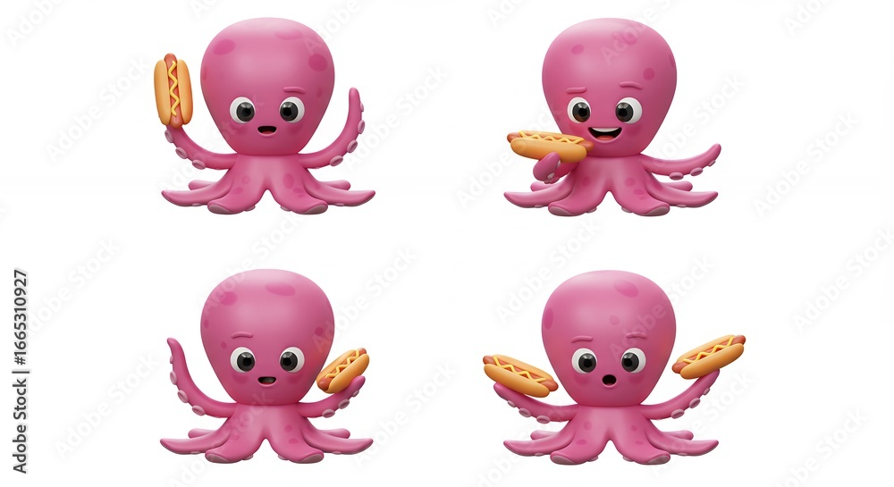 Obraz premium Cartoon octopus eating hot dogs illustration set