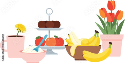 A delightful assortment of fresh fruit, sweet treats, and vibrant flowers, perfect for a healthy lifestyle.