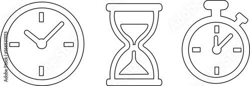 Timekeeping device icon set , Simple black clock on green background for time related concepts, ,Business lunch icon. Knife, fork and plate with clock illustration. Lunch time symbol.