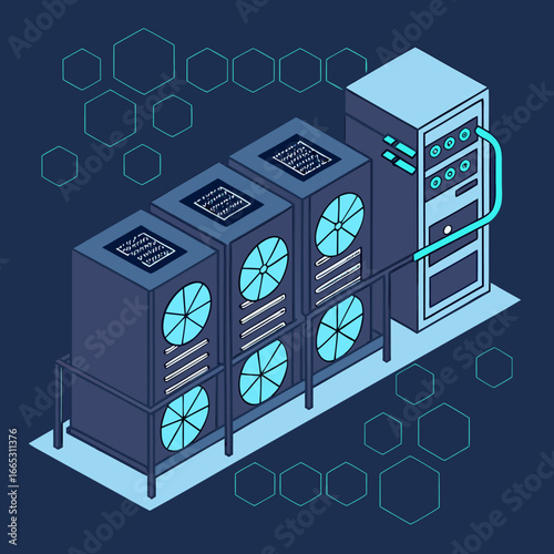 Modern Data Center Server Rack with Cooling System Isometric Illustration