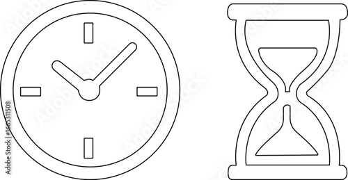 Timekeeping device icon set , Simple black clock on green background for time related concepts, ,Business lunch icon. Knife, fork and plate with clock illustration. Lunch time symbol.