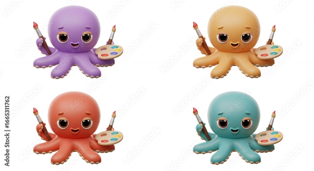 Naklejka premium Four colorful octopus figurines with paintbrushes and palettes