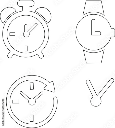 Timekeeping device icon set , Simple black clock on green background for time related concepts, ,Business lunch icon. Knife, fork and plate with clock illustration. Lunch time symbol.