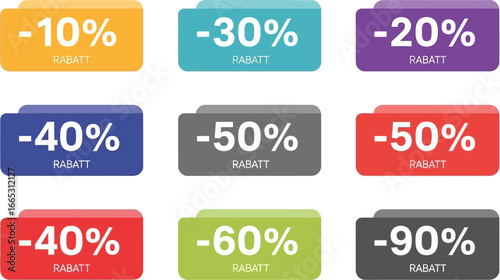 Collection of colorful discount tags showing percentage off prices for sales and promotions.