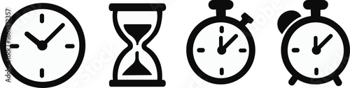 Timekeeping device icon set , Simple black clock on green background for time related concepts, ,Business lunch icon. Knife, fork and plate with clock illustration. Lunch time symbol.