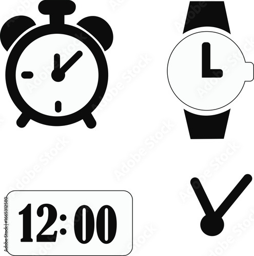 Timekeeping device icon set , Simple black clock on green background for time related concepts, ,Business lunch icon. Knife, fork and plate with clock illustration. Lunch time symbol.