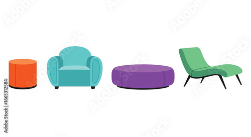 Vibrant modern furniture set with armchair, chaise lounge, and ottomans on white background