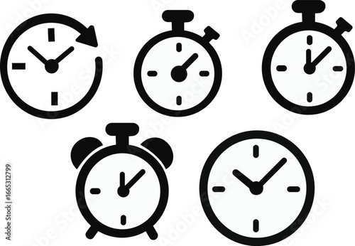 Timekeeping device icon set , Simple black clock on green background for time related concepts, ,Business lunch icon. Knife, fork and plate with clock illustration. Lunch time symbol.