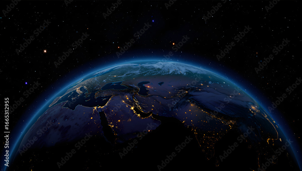 Obraz premium Night Earth from Space: Witness the breathtaking sight of the Earth, a luminous jewel suspended in the vastness of space, showcasing a vibrant tapestry of city lights from above. 