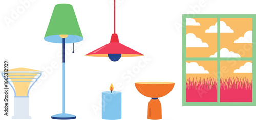 Cozy indoor scene with decorative lamps, candle, and a window view of a vibrant landscape.
