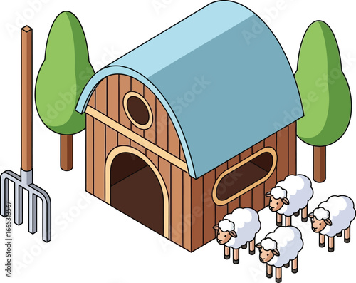 Charming cartoon barn with fluffy sheep and a pitchfork on a sunny day.