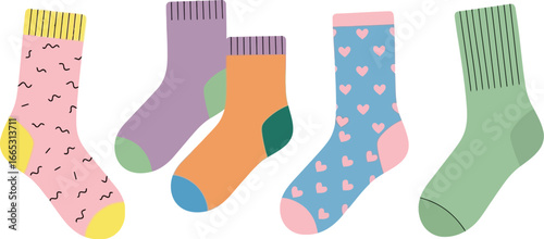 Colorful collection of playful socks with fun patterns and pastel hues