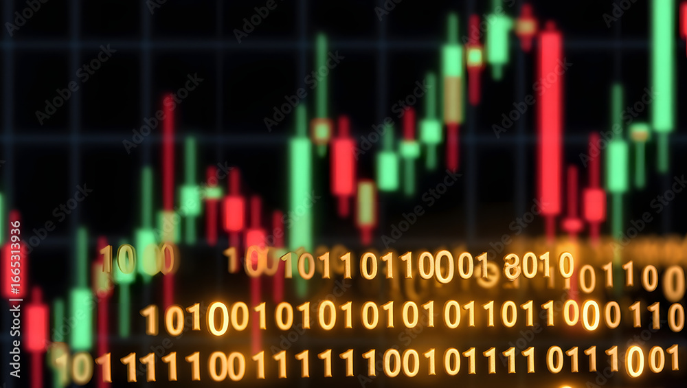 Fototapeta premium Binary Code and Financial Chart: A dynamic interplay of binary code and financial data, rendered in vivid detail, reflecting the complex algorithms that underpin the market.
